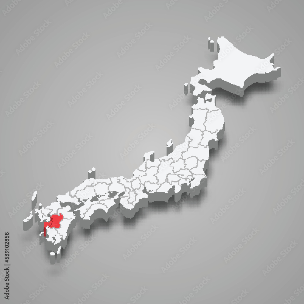 Kumamoto region location within Japan 3d map