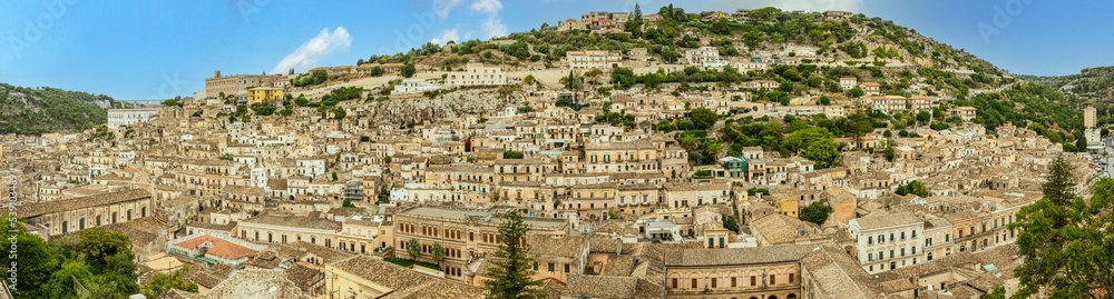 Extra wide angle view of the historic center of Modica