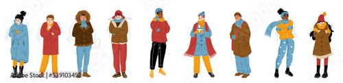 Cold frozen people winter freeze and shiver. Isolated characters wear warm clothes trembling and suffering of low minus degrees temperature at wintertime season Cartoon linear flat vector illustration