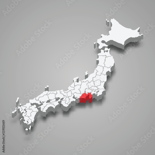 Shizuoka region location within Japan 3d map photo