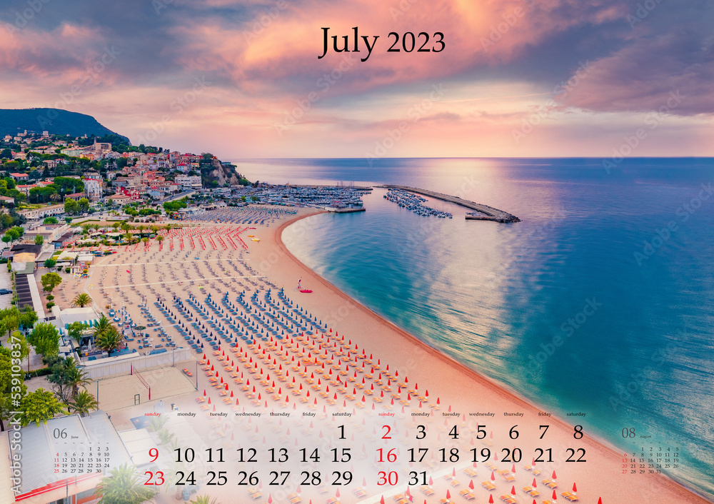 Horizontal wall calendar for 2023 year. July, B3 size. Set of calendars ...