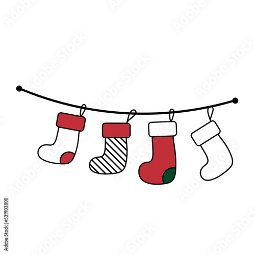 Colorful Christmas Socks Isolated on White Background.Home decoration, palce for present.Cute christmas socks.Vector illustration winter holidays flat set green colour comfortable clothes.
