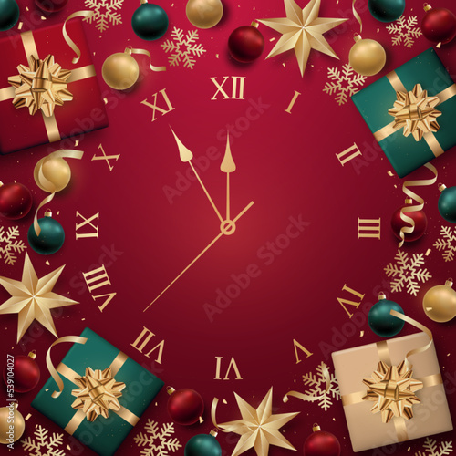 Christmas clock framed with realistic baubles, snowflakes, gifts and serpentine. Old clock Countdown with roman numbers. Greeting vector card, banner, poster. © greens87