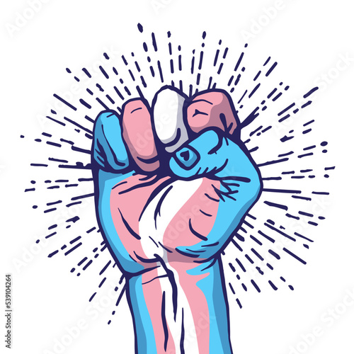 A human hand clenched into a fist. Flag of transgender pride. A colorful logo of one of the LGBT flags. Sexual identification.