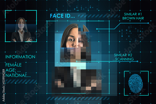 Face recognition and biometric concept with scanning process of young woman and fingerprint with personal data on abstract dark background photo