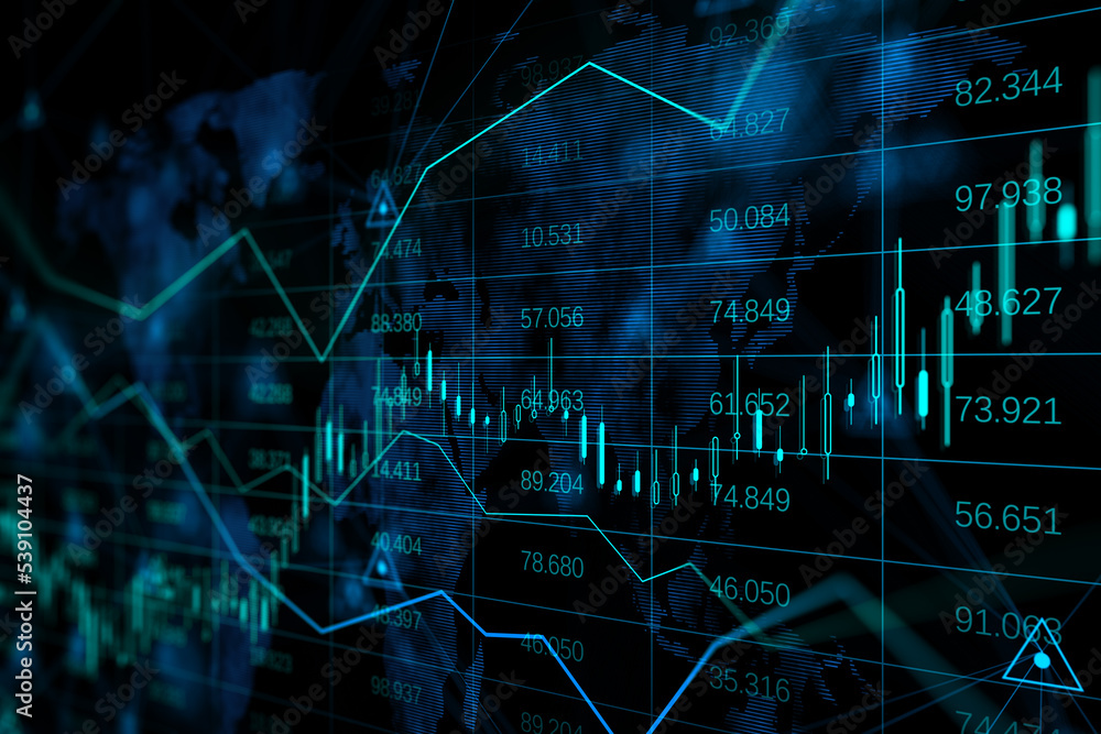 Forex exchange and global market concept with perspective view on digital screen with financial chart graphs, candlestick and indicators on blurred world map background. 3D Rendering Forex exchange and global market concept with perspective view on digital screen with financial chart graphs, candlestick and indicators on blurred world map background. 3D Rendering