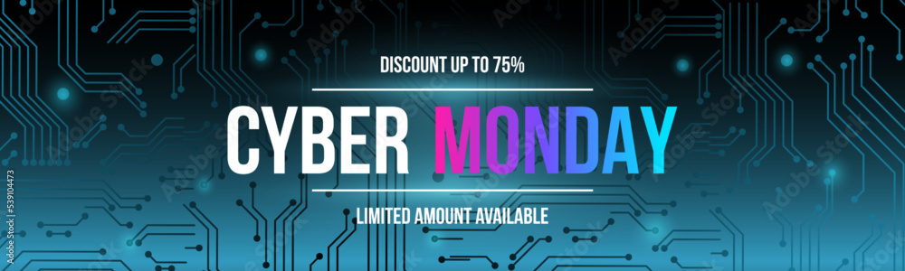 Cyber monday promo banner. Advertising design on tech blue circuit board background. Universal vector template for discount promo offer or advertising store in social media.