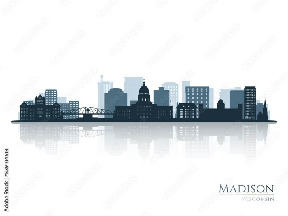 Madison skyline silhouette with reflection. Landscape Madison, Wisconsin. Vector illustration.