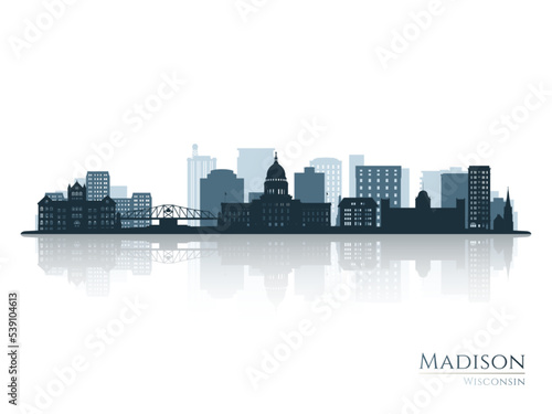 Madison skyline silhouette with reflection. Landscape Madison, Wisconsin. Vector illustration.