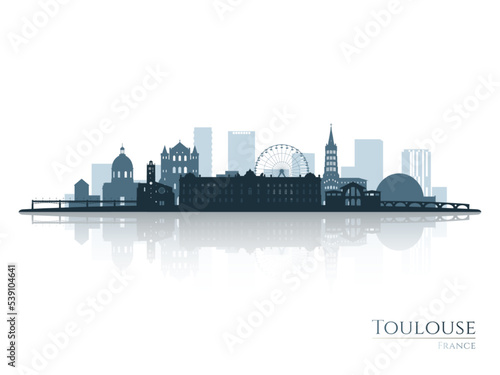 Toulouse skyline silhouette with reflection. Landscape Toulouse, France. Vector illustration.