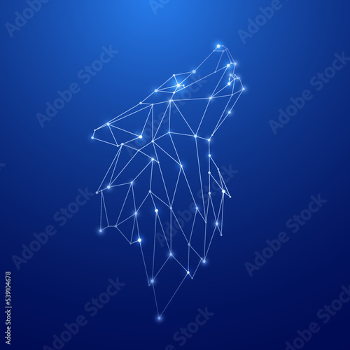 Howling Wolf in form of constellation on blue background. Geometric wild wolf.