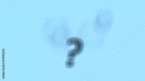 Question marks on a blue background disintegrating into small particles, symbolizing the solution of a task or problem