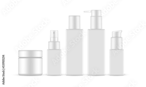Cosmetics Skin Care Plastic Packaging Bottles Mockups, Isolated on White Background. Vector Illustration