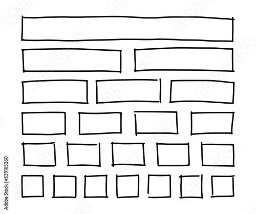 Free hand drawn rectangles and squares in different sizes. Scribble rectangular frames set. Freehand doodle square borders. Text highlight underline. Vector illustration isolated on white background.