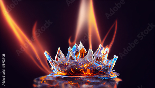 ice crown burning with orange flame. Cold winter frozen ice cubes emit heat and flame. Inspired by song of ice and fire mythology. Fire contained inside ice crystal, inner fire inside glass