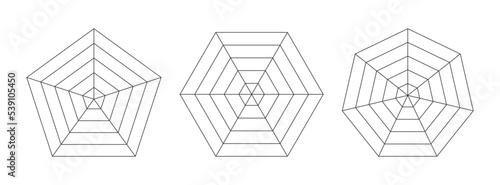 Radar spider diagram template. Flat spider mesh. Blank radar charts. Pentagon, hexagon and heptagon graphs. Kiviat diagram for statistic and analitic. Vector illustration isolated on white background.
