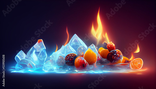 melt ice crystals burning with red yellow fire. Cold winter frozen ice cubes emit heat and flame. Inspired by song of ice and fire mythology. Fire contained inside ice crystal, inner fire inside glass