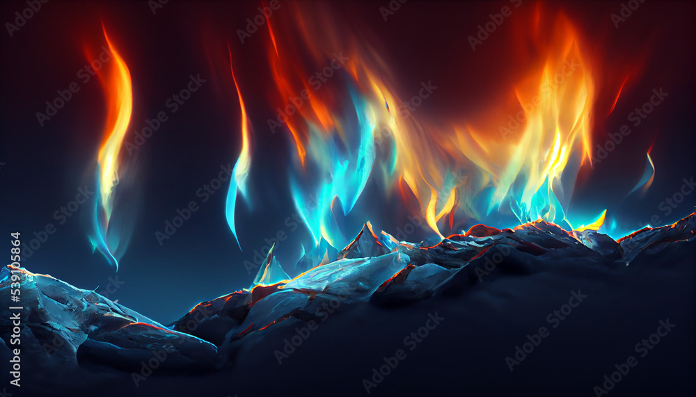 red yellow fire in the sky. Cold winter frozen ice mountains emit heat ...