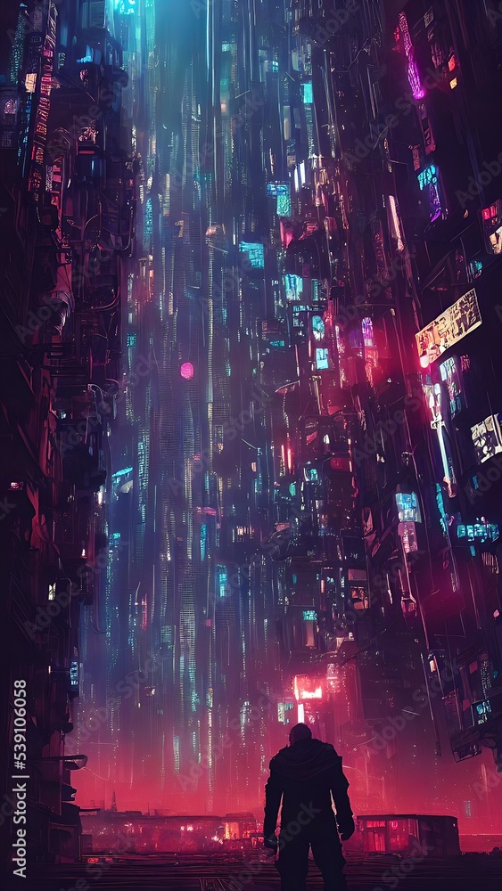 Cyberpunk metropolis, cinematic. Cover, illustration.