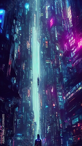 Cyberpunk metropolis  cinematic. Cover  illustration.