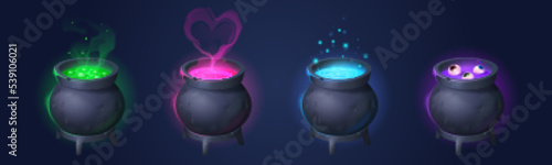 Cauldrons with witch magic potions. Green poison, love potion, soup with eyeballs in old cooking boilers. Black witchcraft cauldrons, vector cartoon set isolated on background