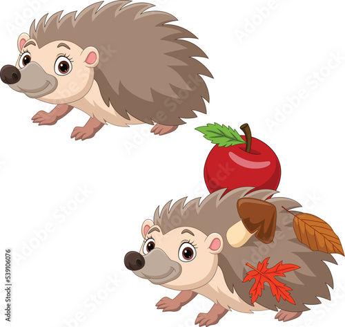 Cartoon two hedgehog with red apple, autumn leaves and mushroom