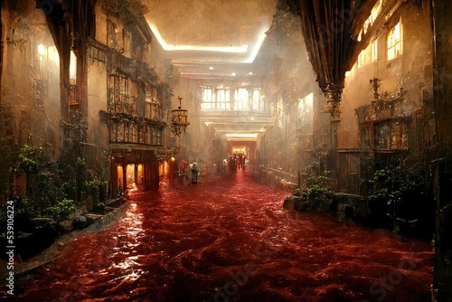 An indoor scene of a blood-filled haunted hotel in which rivers of blood flow through the hall and corridors of an ancient palace. 3D illustration of Halloween for horror theme backgrounds.