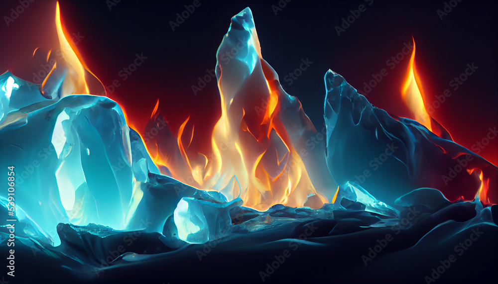 melt ice crystals burning with red yellow fire. Cold winter frozen ice