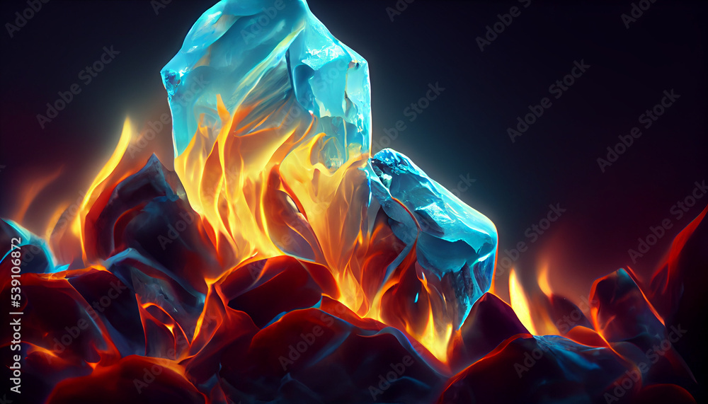 melt ice crystals burning with red yellow fire. Cold winter frozen ice