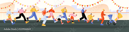 Marathon with diverse running people, families with kids. Adult persons, children and woman with baby carriage jogging on city street, vector flat illustration