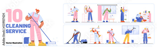 Set cleaning service team work at home or office. Janitors in uniform housekeeping with tools, clean living room and bathroom. Professional company workers cleanup, Linear flat vector illustration