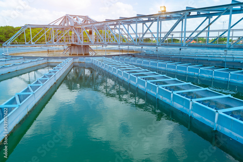 Water treatment,the process of making raw water to clean by putting chemicals in the machines,processing of the solid contact clarifier sediment tank.Wastewater Treatment Plant with steel structure.