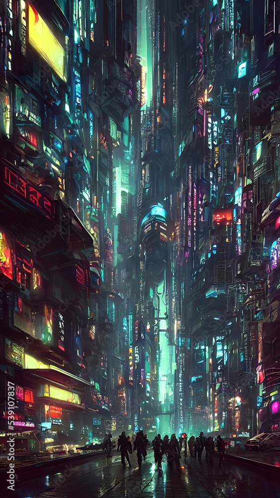 Cyberpunk metropolis, cinematic. Cover, illustration.