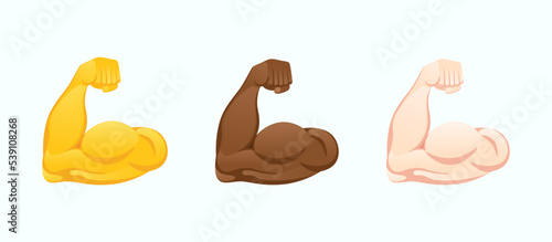 Flexed biceps icons. Strong muscle hands of various skin tones gesture emoji vector illustration. 