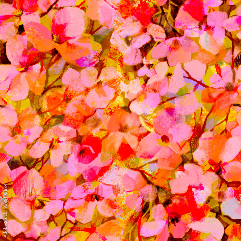 Spring sketched vivid blurred seamless pattern of a pink flowering tree on a yellow background