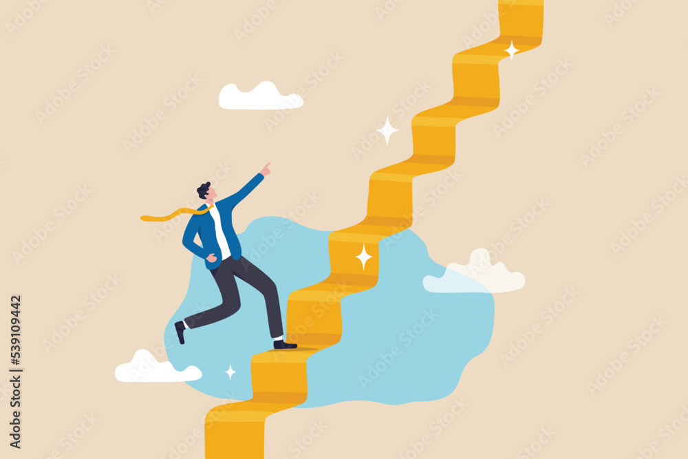 Ladder of success, stair way to succeed and reach business target, growth or growing career path, motivation and challenge to success opportunity concept, businessman climb up stair way to success. - obrazy, fototapety, plakaty 