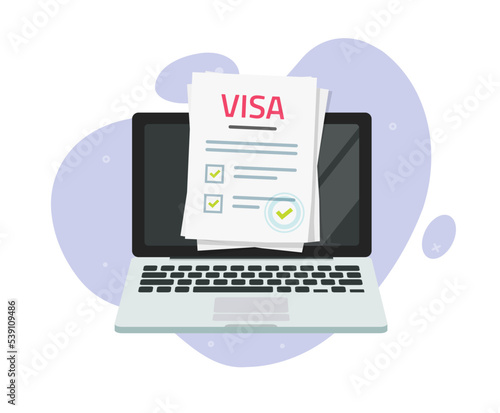 Online visa digital nomad application approved icon vector on computer pc or national electronic foreign travel from stamp flat graphic design illustration image
