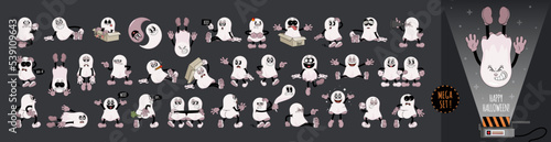 Mega set of ghosts in retro comic cartoon stule. Cute comic gloved hands characters in Contemporary style. Doodle comic characters for autumn holiday of the halloween.