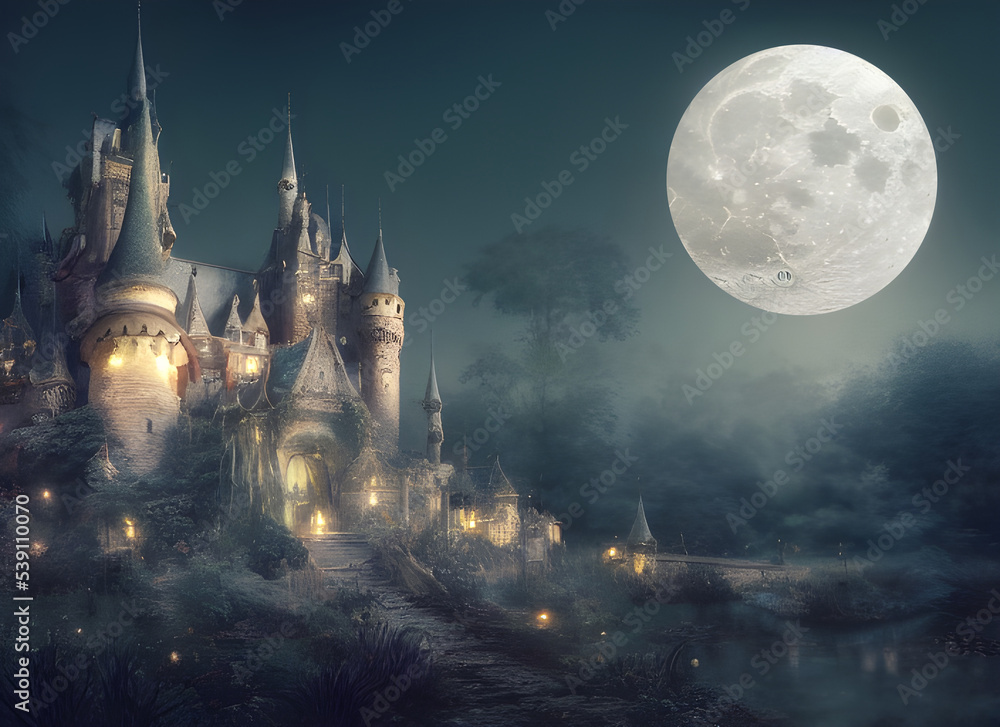 Fototapeta premium Fantasy castle on a full moon night. 
