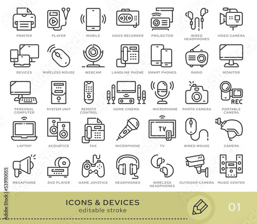 Set of conceptual icons. Vector icons in flat linear style for web sites, applications and other graphic resources. Set from the series - Devices . Editable stroke icon.