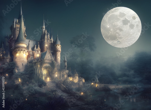 Fotografia Fantasy castle on a full moon night.