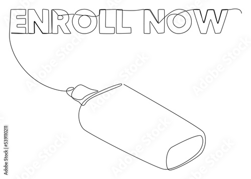 One continuous line of Enroll Now word written with a pencil. Thin Line Illustration vector concept. Contour Drawing Creative ideas.
