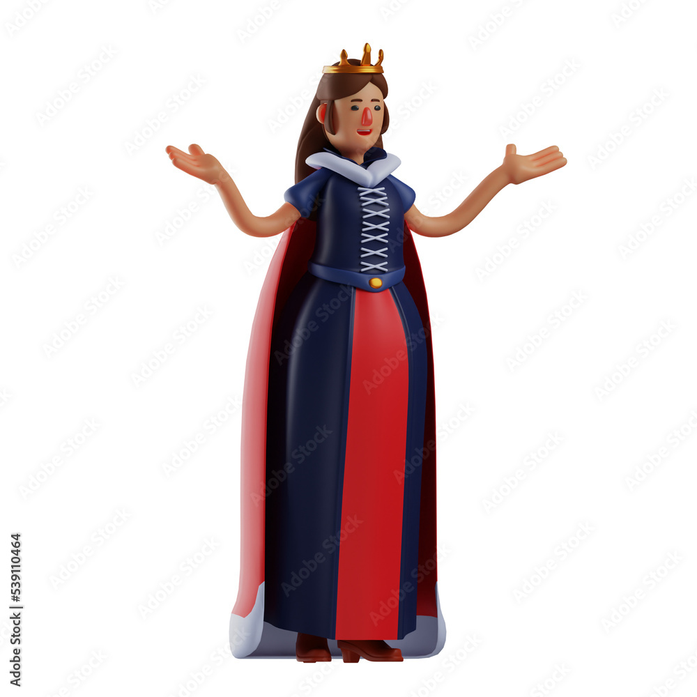  3D illustration. 3D Queen Cartoon Character in beautiful dress. showing an expression of not knowing. wearing a pretty dress. 3D Cartoon Character