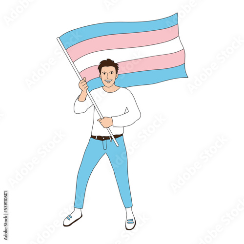 Pride trans person holding transgender flag. Happy LGBT activist, celebrating Transgender Awareness week. Cute character, design element for banners, flyers.
