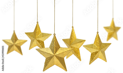 Six golden Christmas decoration stars hanging isolated