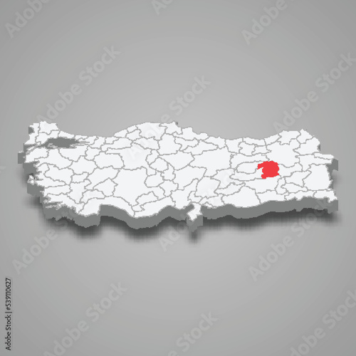 Bingol region location within Turkey 3d map photo