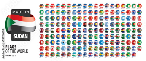A set of vector icons with flags of countries and with the inscription made in