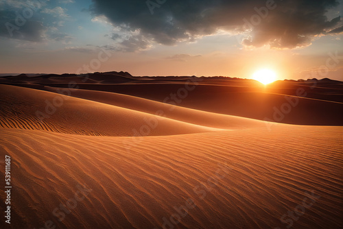 Panorama banner of sand dunes Sahara Desert at sunset. Endless dunes of yellow sand. Desert landscape Waves sand nature      