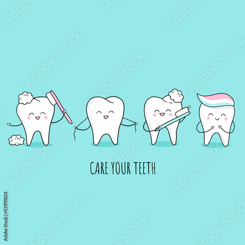 Care your teeth. Set of cute teeth with toothbrush, toothpaste in cartoon style on blue background. Dental cute background. Illustration for children dentist cabinet, pediatric dentistry.
