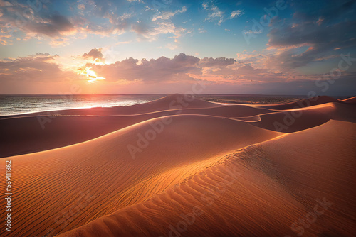 Panorama banner of sand dunes Sahara Desert at sunset. Endless dunes of yellow sand. Desert landscape Waves sand nature